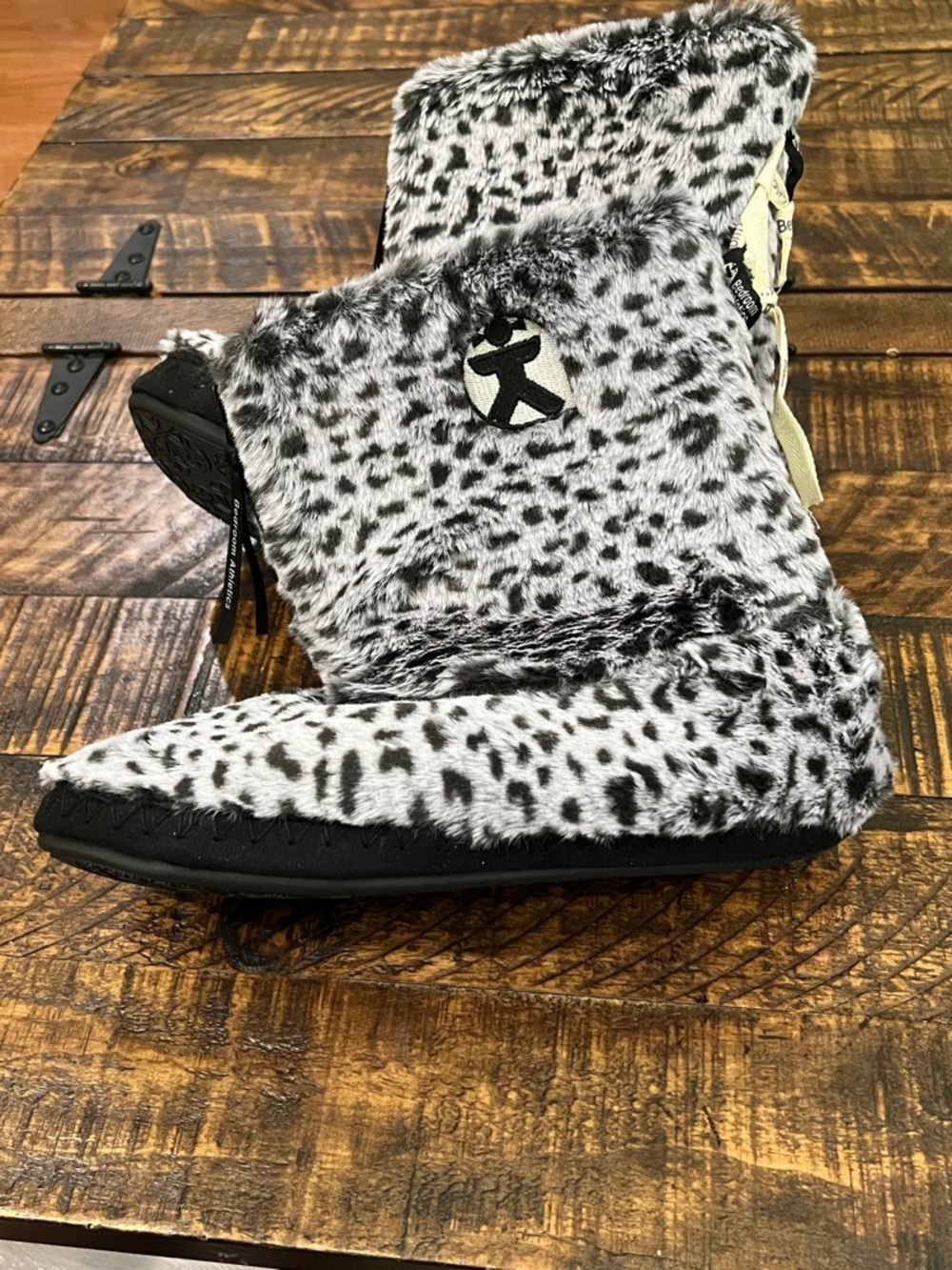 Furry Black & White Spot Print Slipper Boots